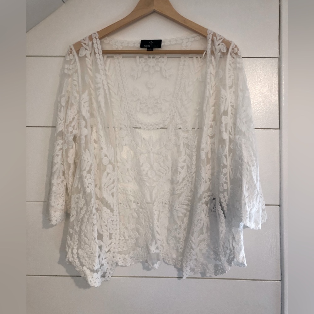 Ronni Nicole lace cardigan, beautiful and intricate pattern.